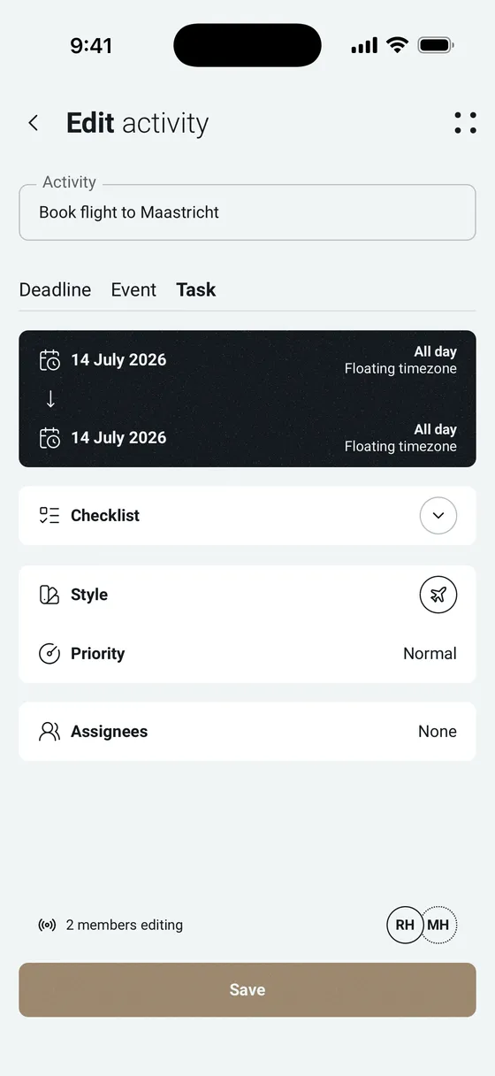 eumento edit task screen with dates, checklist, priority and assignees