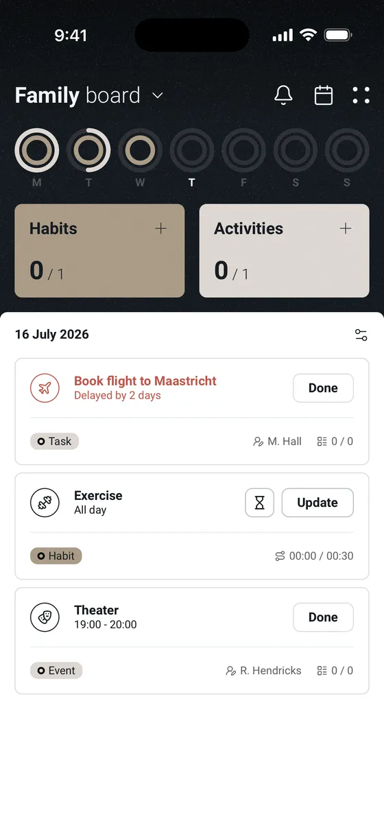 eumento shared board dashboard showing habits, tasks and the daily agenda